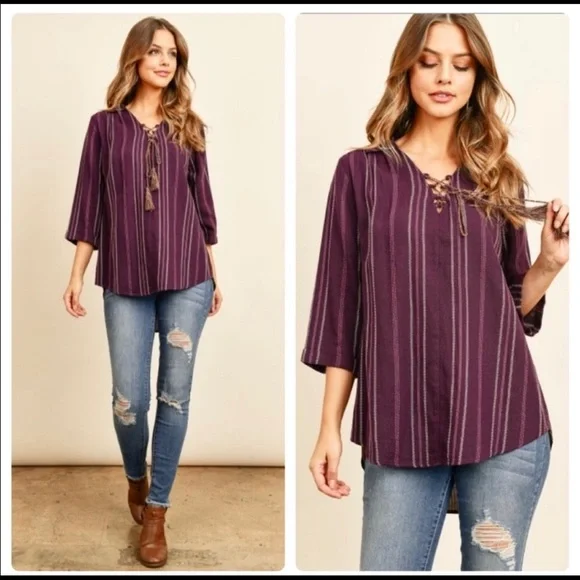 BOHO shirt woven knit TOP variegated stripe jacquard top S TRENDING deep Purple - Picture 7 of 16